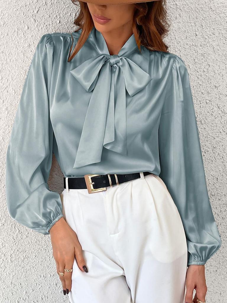 Women's Long Sleeve Satin High Neck Bow Top