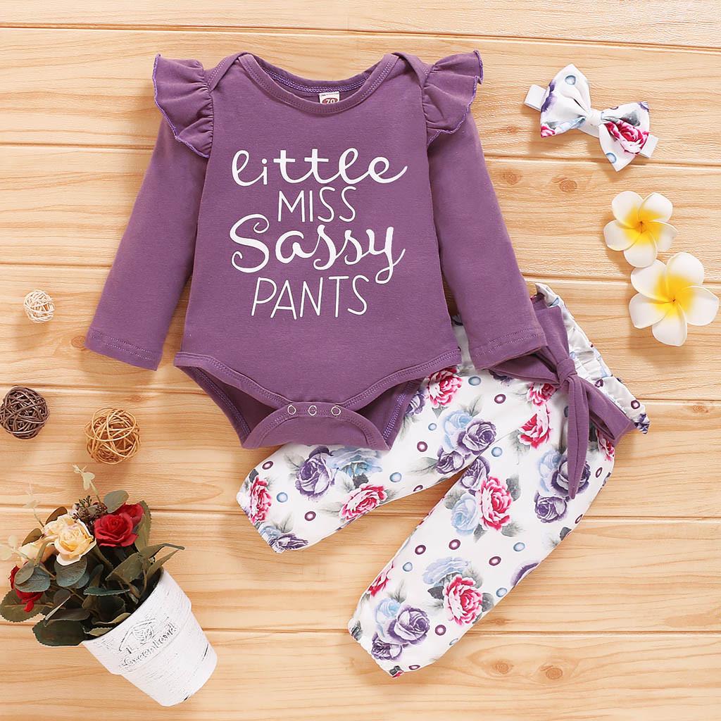 

Toddler Baby Girls Letter Print Romper Bodysuit+Floral Pants +Headband Set Sagit
