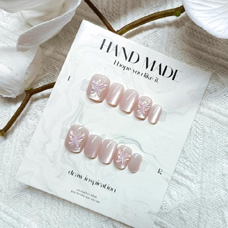 24x Glossy Full Cover False Nail 3D Butterfly Press On Nail Cats Eye Stick on Nail Elegant Acrylic Nail