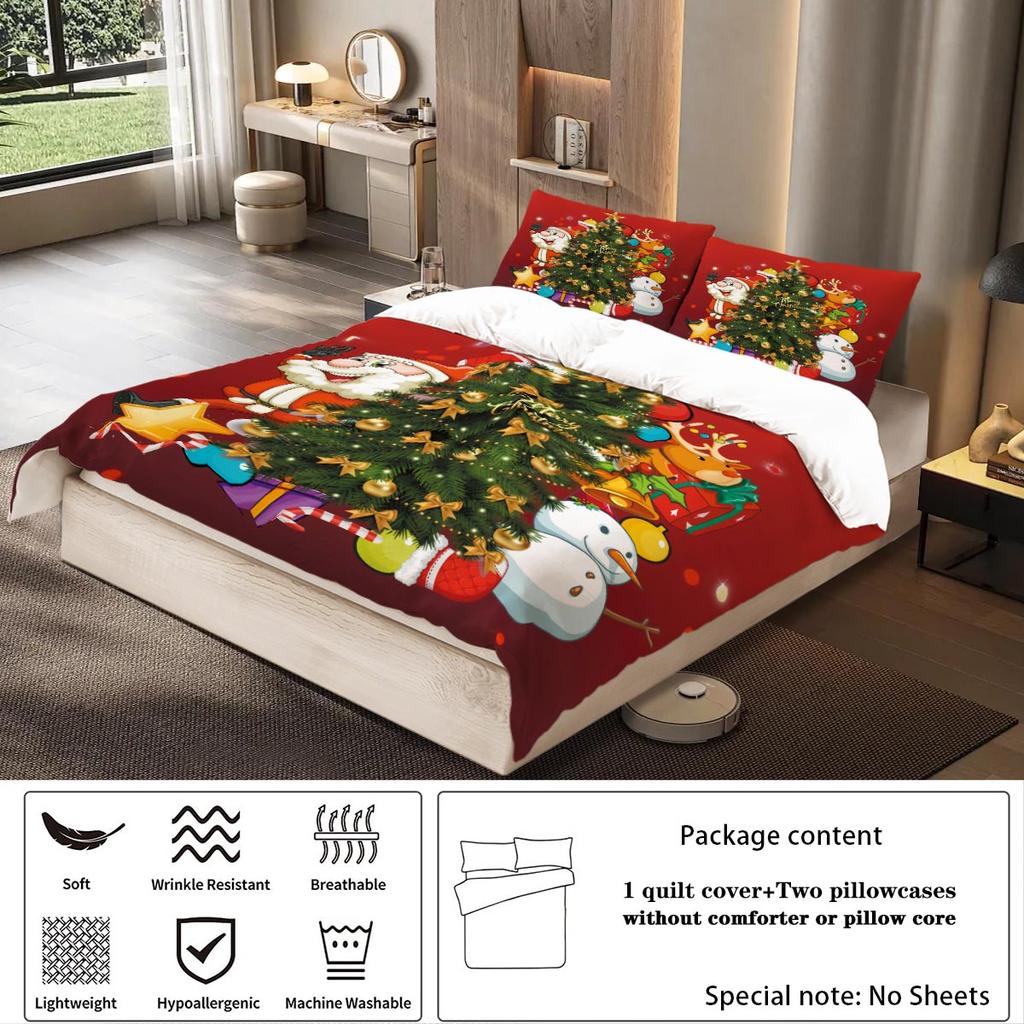 3pcs Santa Claus Reindeer Red Printed Coreless Bedding Set, Soft and Comfortable, Multi Size Dormitory Bedroom, Machine Washable