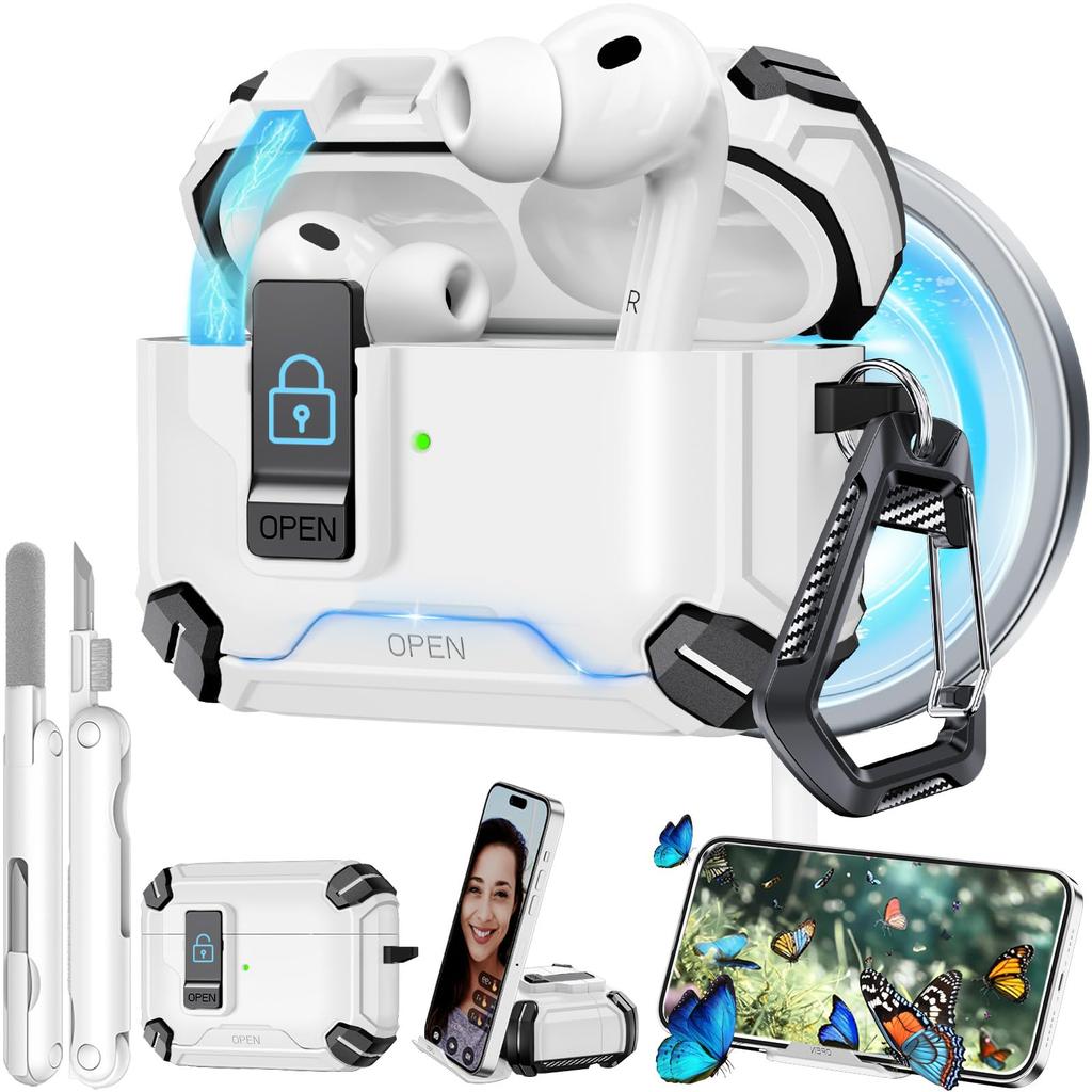 Transparente Hülle für AirPods Pro 3 Hülle mit Handyhalterung und Sicherheitsverschluss Automatisches Aufklappdeckeldesign mit Reinigungsstiftabdeckung für AirPods Pro 3