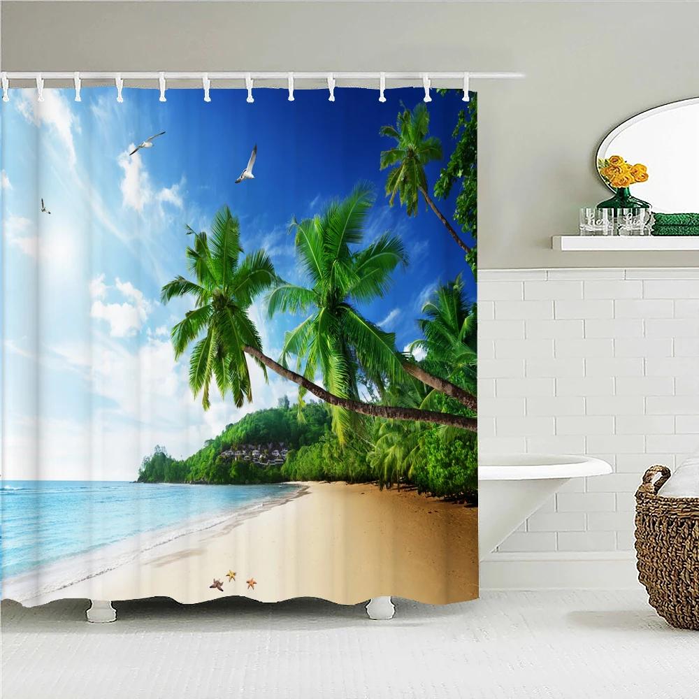 Ocean Sunrise Shower Curtain Summer Beach Tropical Palm Tree Hawaiian Sunset Coastal Scenery Sea Wave Bath Curtain With Hooks