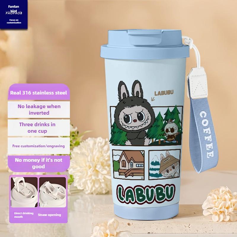 

Cartoon Stainless Steel Cup High Value Thermos Cup 3D Double Drink Straw Coffee Cup 500ml