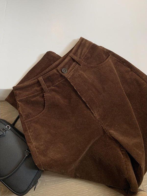 CHAO-Level Brown Corduroy Slim Straight-Leg Pants, Maillard Style Velvet Wide-Leg Women's Wear