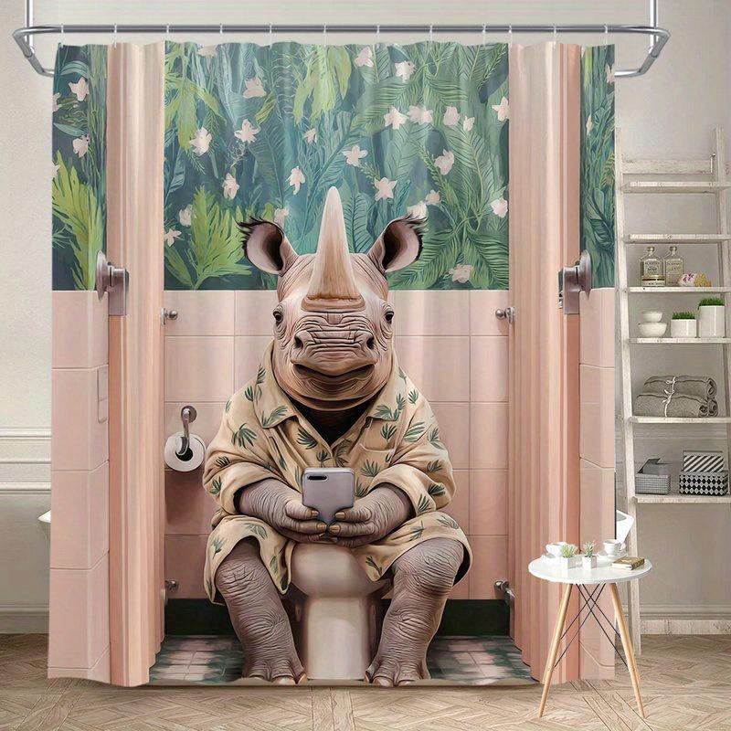 

Cute Rhino Shower Curtain 180x180cm – In Leaf Bathrobe with Phone, Soft Animal Decor, 12 Hooks 90X180cm(35x70in)