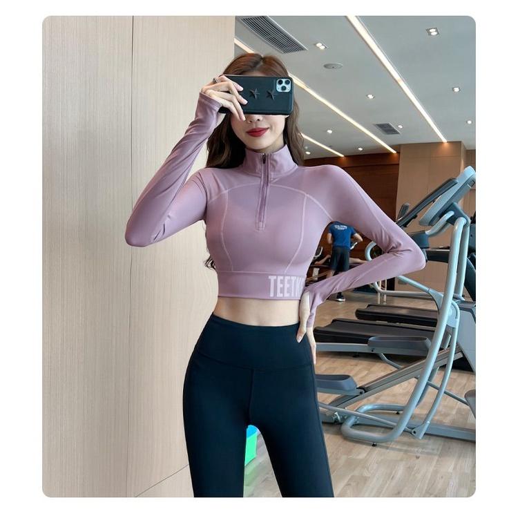 Stojánek Límec Fitness Poloviční zip Oblečení na jógu s dlouhým rukávem, krátkým měkkým sportovním oblečením