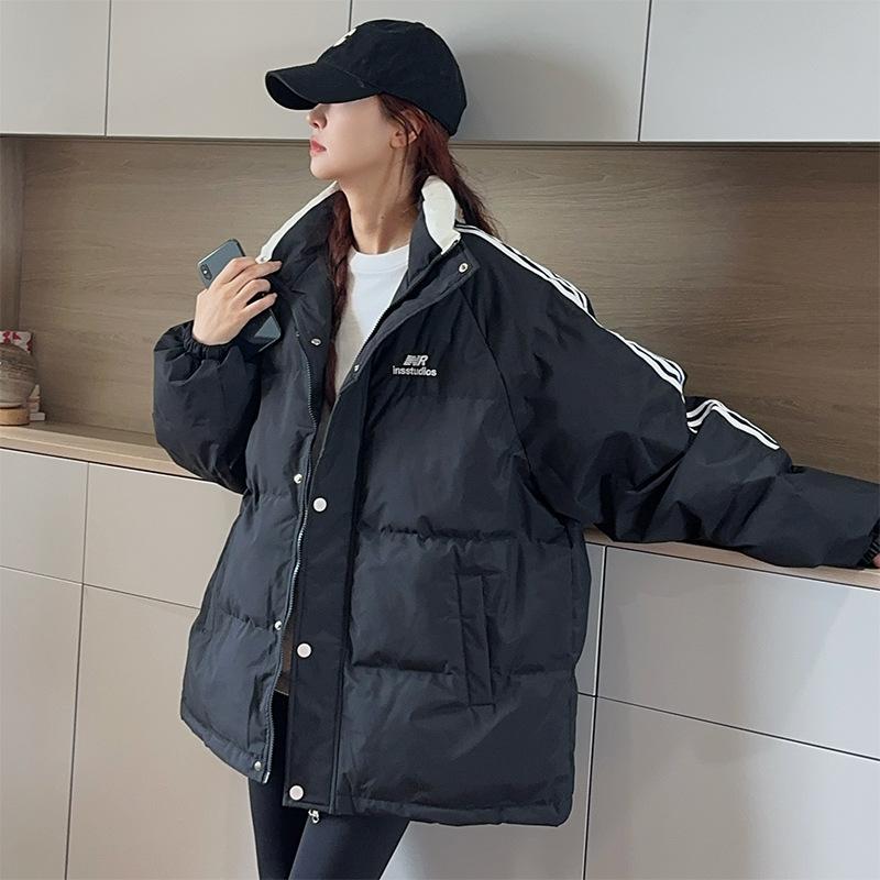 

2025 новая пуховая хлопковая куртка женская куртка-хлеб куртка хлопковая для пары корейская версия свободная зимняя утолщенная стеганая куртка куртка S чёрный