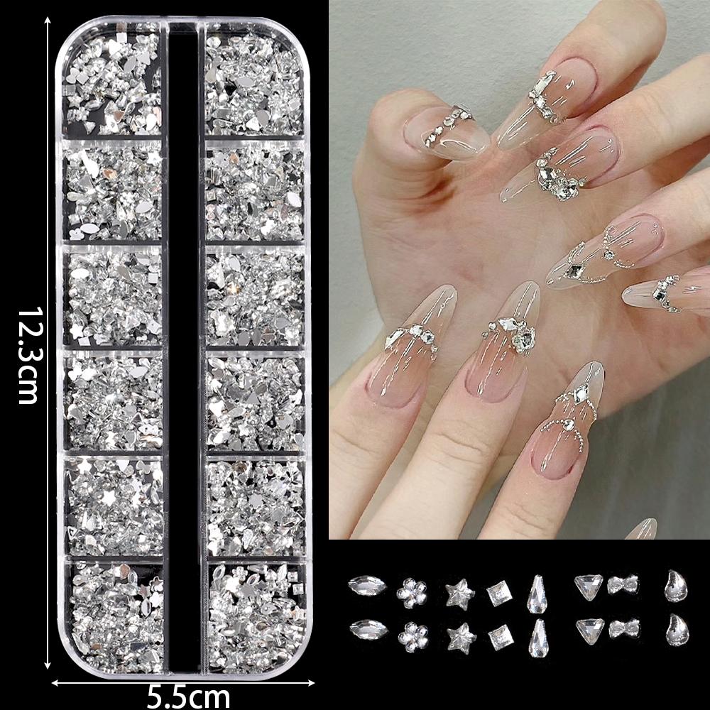 

12 Grids Mini Nail Art Flat Back Rhinestone White Clear Different Shapes Sizes 3D Nails Decorations Glitter Manicure Accessories