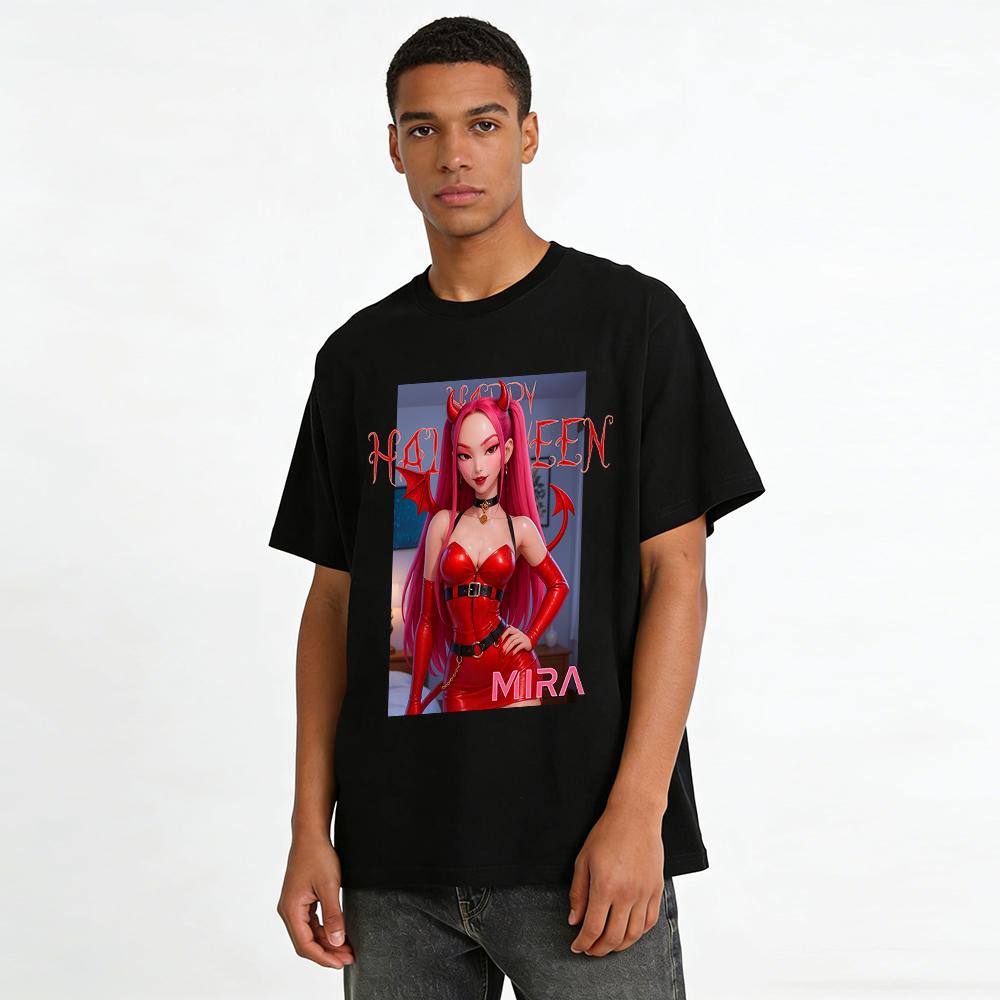 Halloween Themed Top with Pink Little Devil MIRA Print Trendy Spicy Girl Festival Wear Pure cotton T-shirt