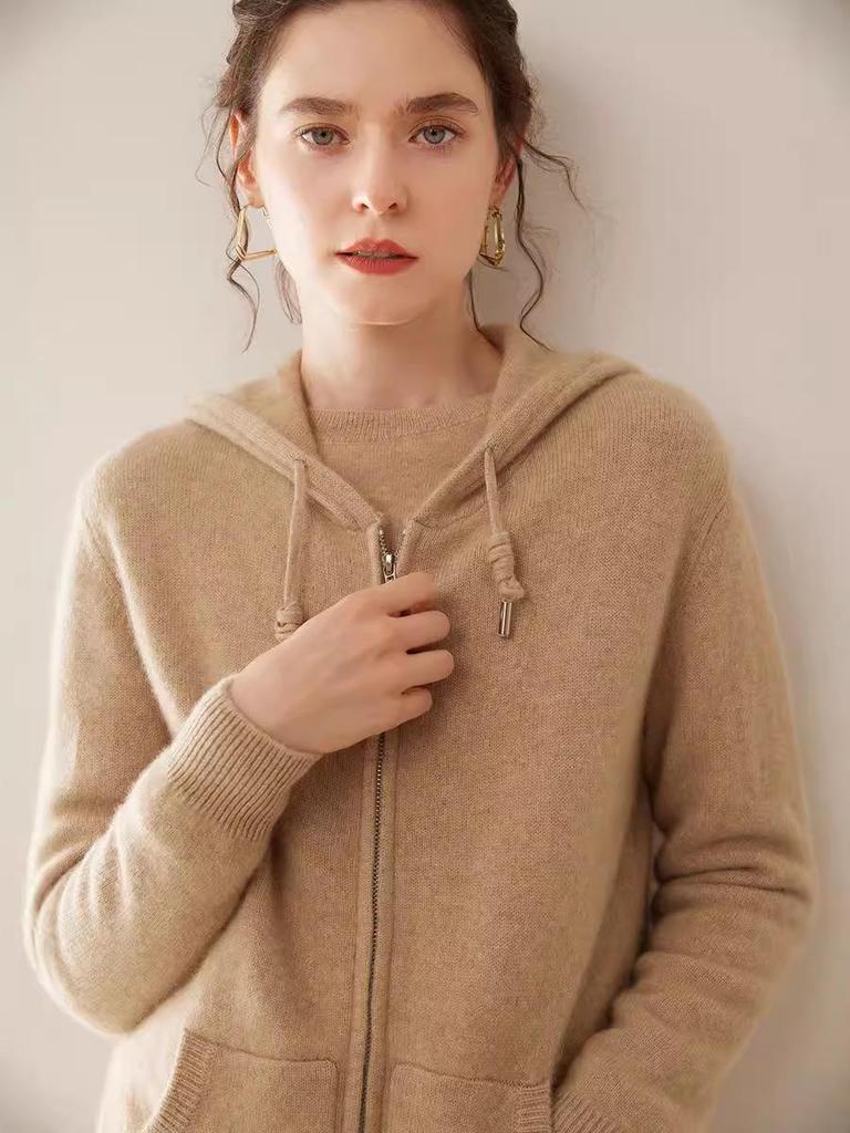 2024 A/W Women's Pure Cashmere Hooded Double Zipper Cardigan - Solid Color, Stylish & Warm.