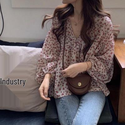 Blouse Rétro Florale en Mousseline à Manches Longues pour Femme