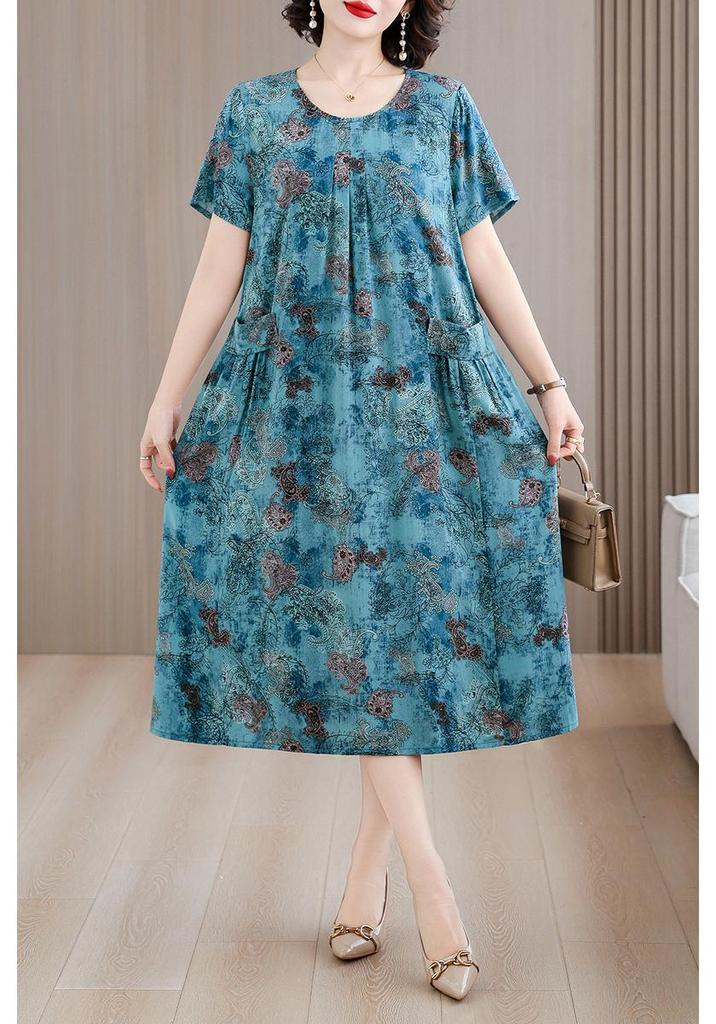 Plus Size Fresh Floral Print Summer Midi Dress - Loose, Pleated Design 2026