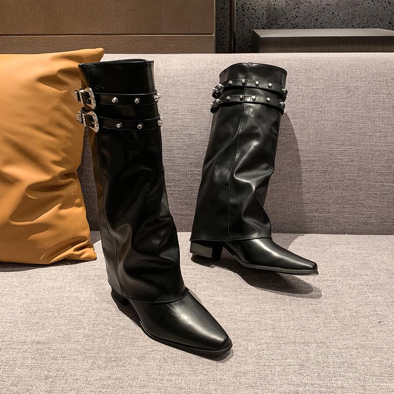 

Роскошные дизайнерские зимние женские сапоги в стиле вестерн, элегантные женские сапоги-рыцари до колена на квадратном каблуке 35