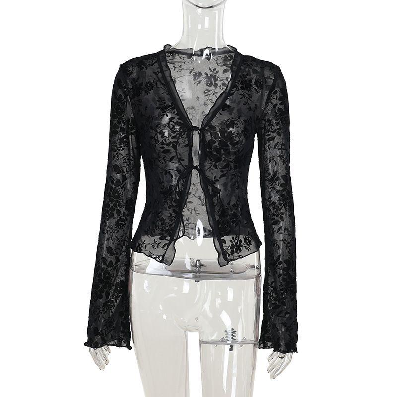 

Top Autumn 2024 New Arrival Fashion Chiffon Shirt Long Sleeves Classic Style Elegant Silm Pleated Bell Sleeve Tops Women Black L