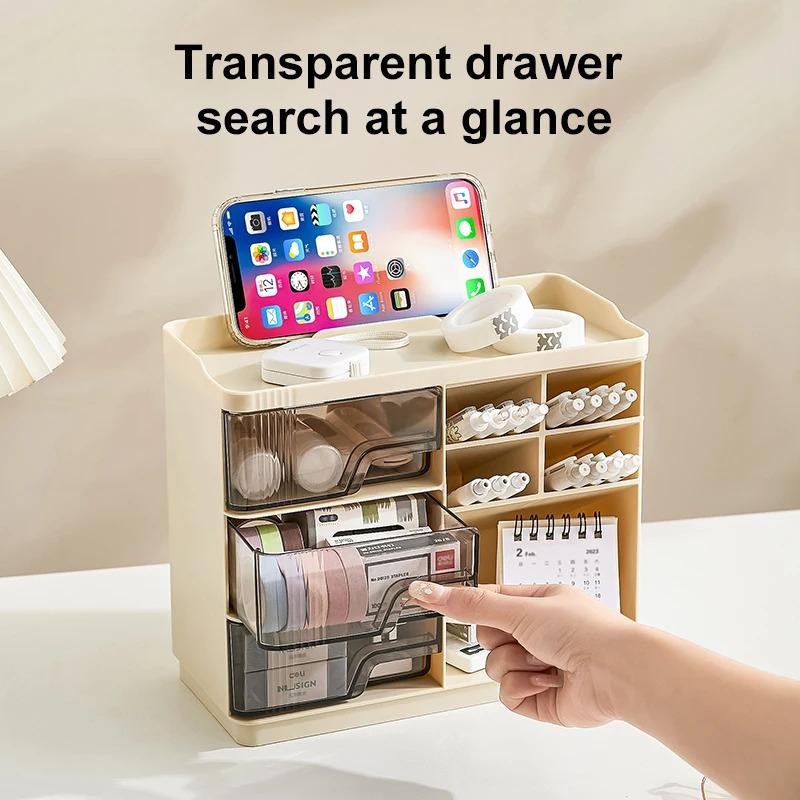 Multi-layer Drawer Type Household Storage , Office Transparent Large Capacity Cream Wind Stationery Storage Box