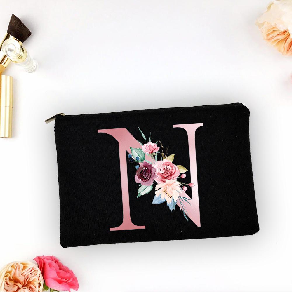 Pink Alphabet Flower A-Z Makeup Bag Make Up Pouch Women Shopping Travel Cosmetic Storage Lipstick Bags Large Capacity Organizer