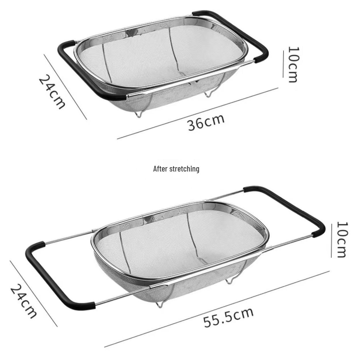 

Extendable Stainless Steel Vegetable and Fruit Washing Basket with Drain Rack for Sink. Large Thickened
