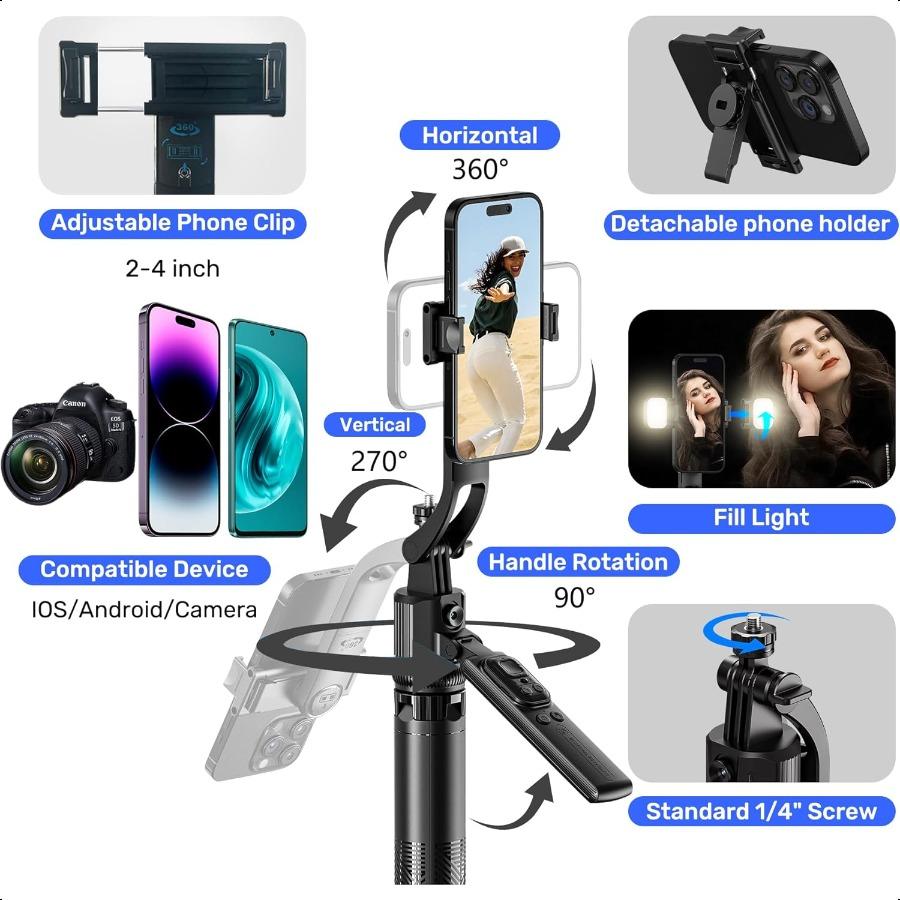 Auto Face Tracking Selfie Stick Tripod for iPhone with Light360 Rotation That Follows Your Movement 63 Phone Camera Tripod Stan