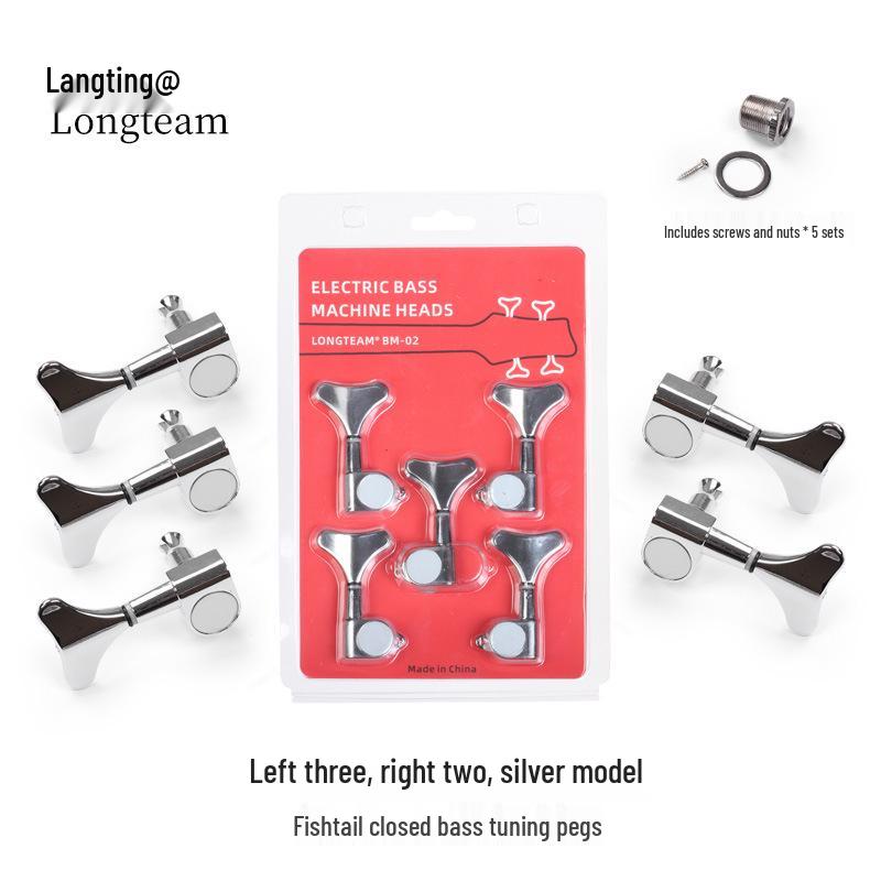 Langting 5-String Electric Bass Tuners, Black/Silver Fishbone Design, All-Metal, 5-Pack