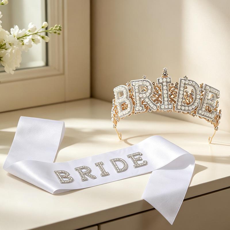 Pearl Lace Bridal Crown & Headband Set with Wavy Edge Sash and Shoulder Straps