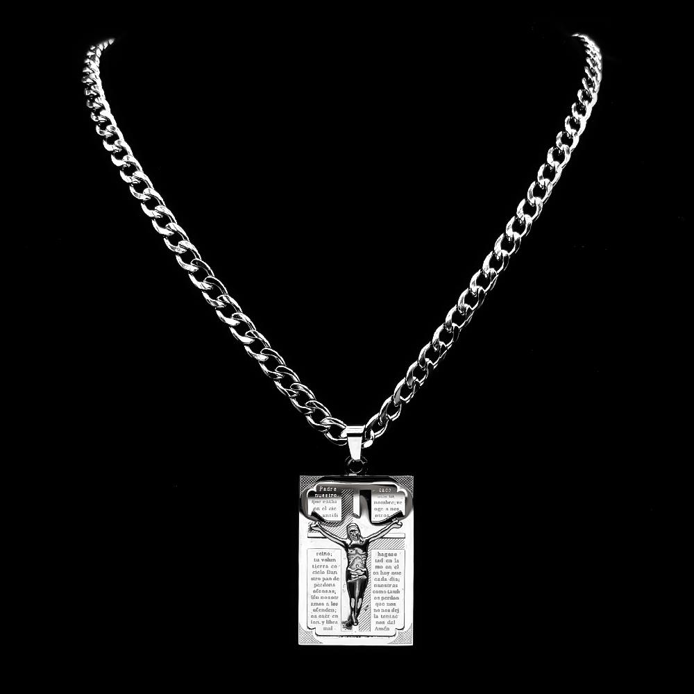 Spanish Lord's Prayer Crucifix Jesus Christ Pendant Necklace for Women Men Stainless Steel Silver Color Hip Hop Chain Jewelry