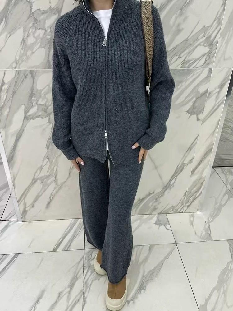 Women's European & American Style Thick Knit Zipper Cardigan Sweater + Wide-Leg Pants Two-Piece Set for Autumn/Winter