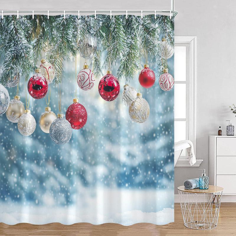 Cute Snowman Christmas Shower Curtain Winter Forest Xmas Trees Snow Lights New Year Home Bathroom Decor Bath Curtains With Hooks