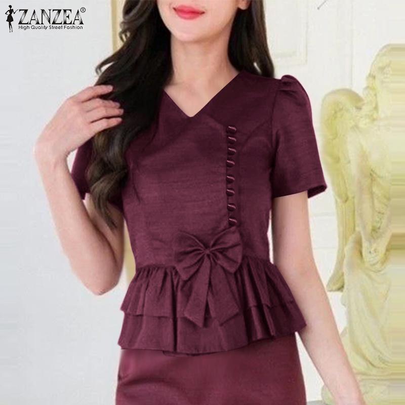 ZANZEA Women Casual V-Neck Summer Short Sleeve Blouse