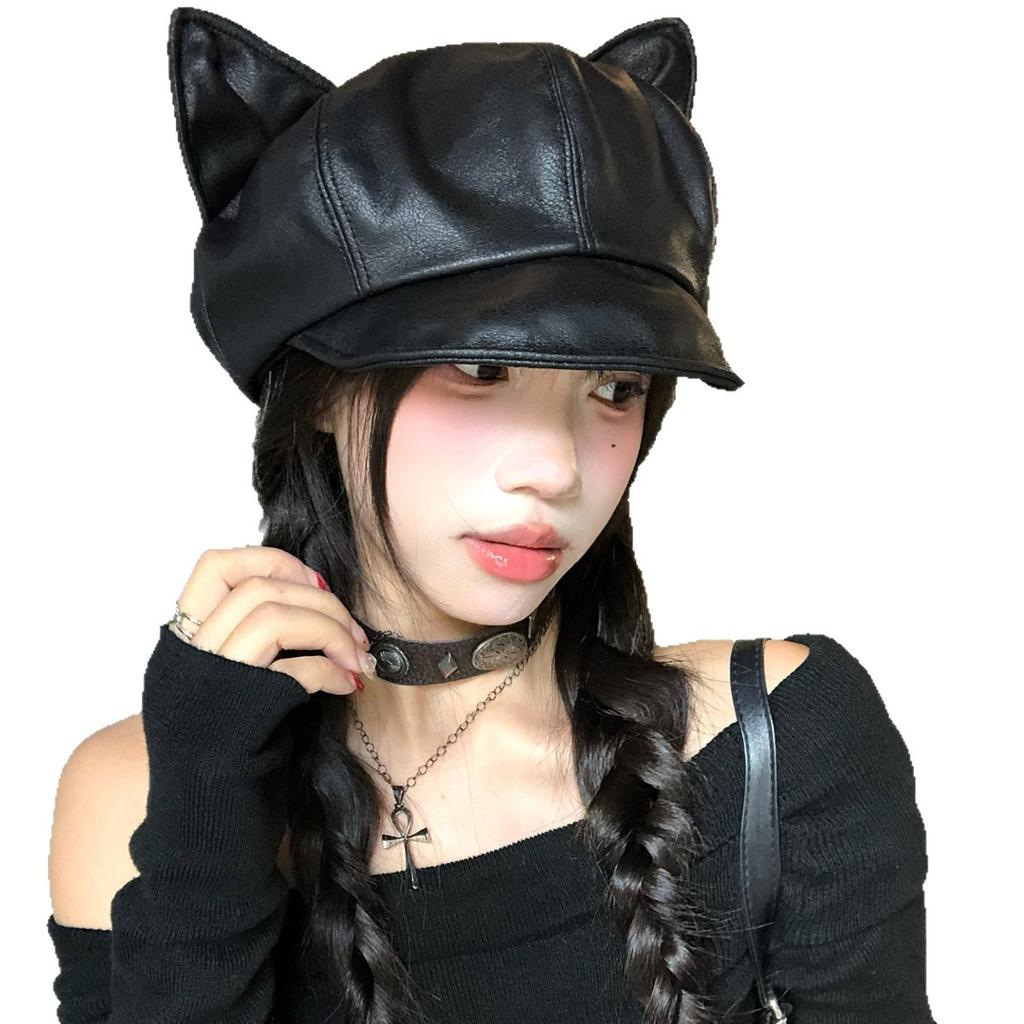 Hot Girl Folded Leather Cat Ears Beret Autumn and Winter Retro Cute Octagonal Hat American Sweet Painter Newspaper Boy Hat