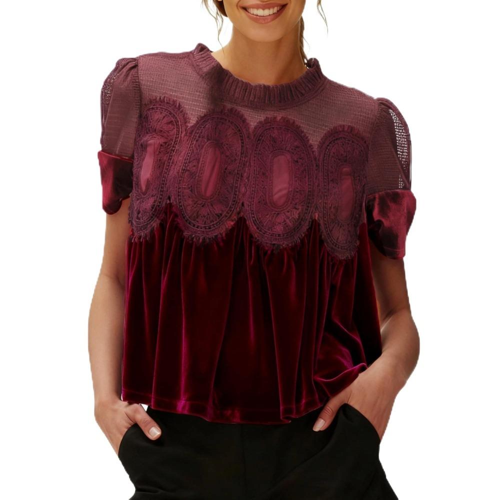 Fashion Net Mesh Embroidered Lace Round-neck Pullover Pure Velvet Loose Top