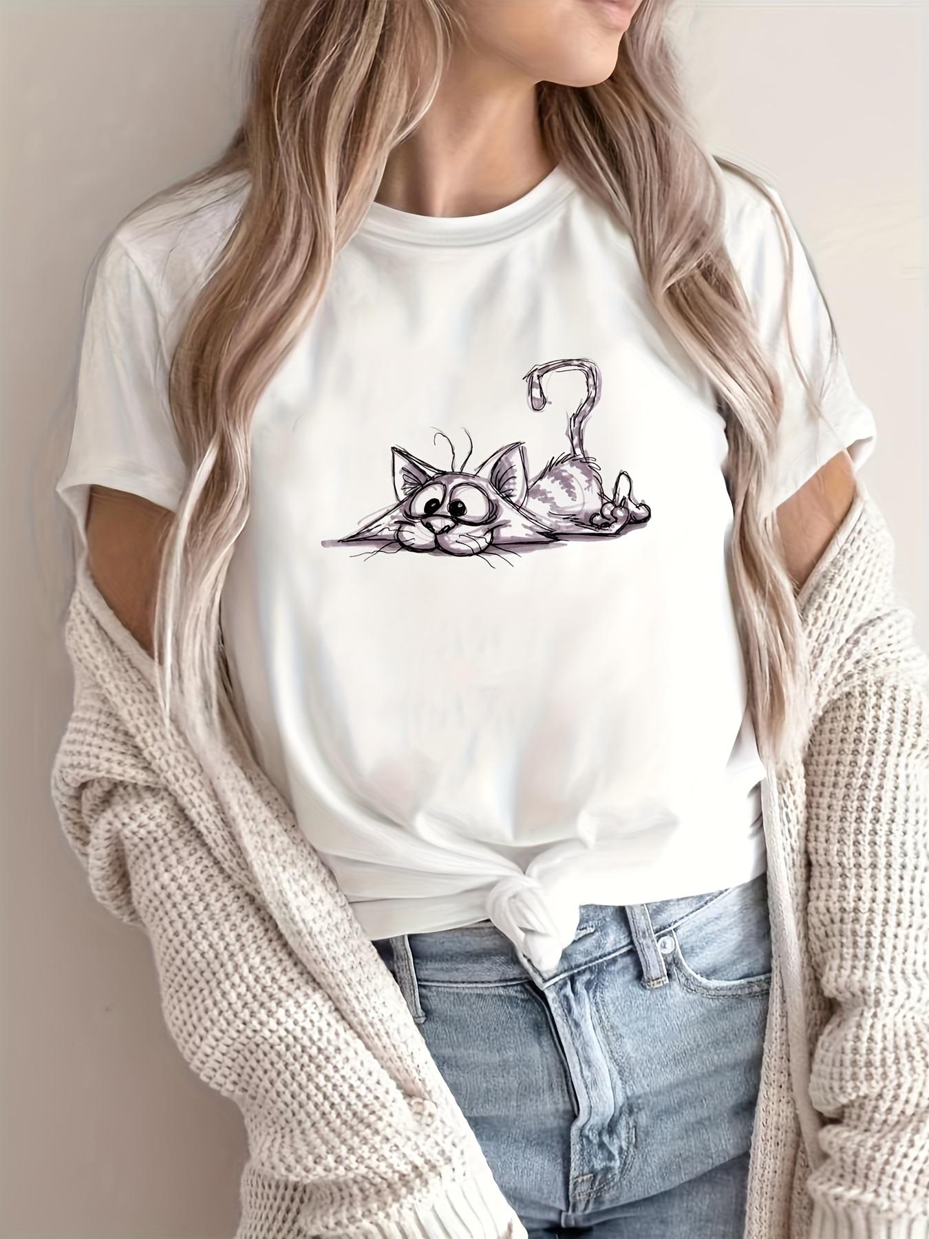 

Яркая футболка с принтом мультяшного кота, с круглым вырезом, Харадзюку, с коротким рукавом, повседневная, одежда, уличные топы, футболки, эстетичная одежда 4XL