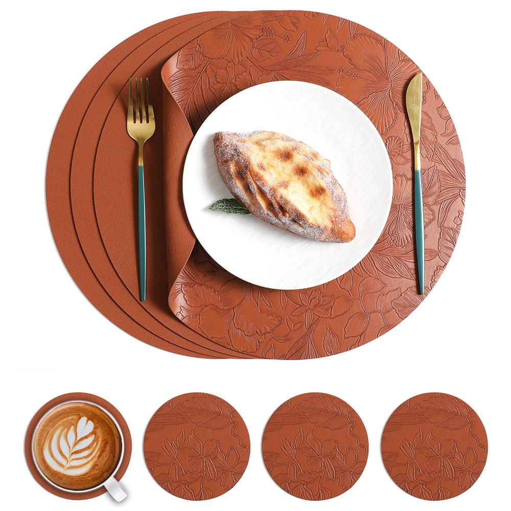 Wind-carved round leather placemat, anti-scalding and heat-insulating mat, waterproof and oil-proof plate mat, tableware mat, coaster