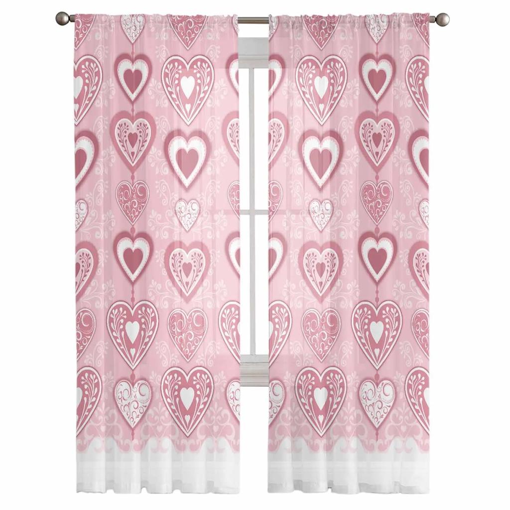 Valentinstag-Liebe, rosa Tüllvorhänge für Wohnzimmer, durchsichtiger Vorhang für Schlafzimmer, Küche, Jalousien, Voile-Vorhänge