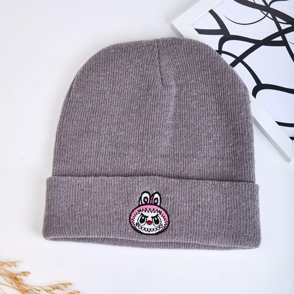Warm Spandex/Polyester Knitted Beanie Cartoon Embroidery Autumn/Winter Unisex Adjustable Playful Trendy Black Blue Students Made