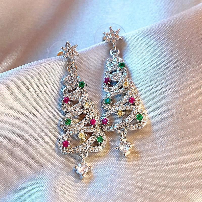 Christmas Tree Earrings For Women Rhinestone Zircon Xmas Tree Drop Aesthetic Geometric Tassel Christmas New Year Earrings