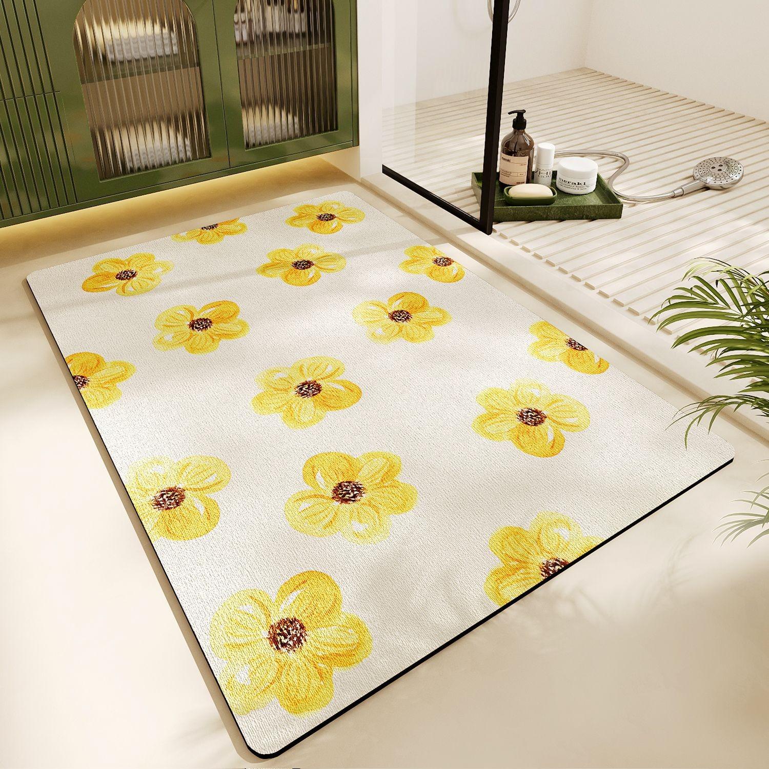 

Daisy Green Draining Mat Spring White Daisies Print Non-Slip Entryway Rug Illustration Style Floral Themed Drying Mat 40x60cm