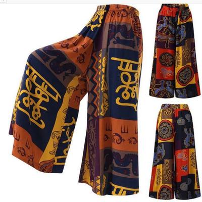 Plus Size Dames Boheemse Etnische Print Wijde Pijpen Broek met Elastische Taille Levendig Geometrisch Patroon