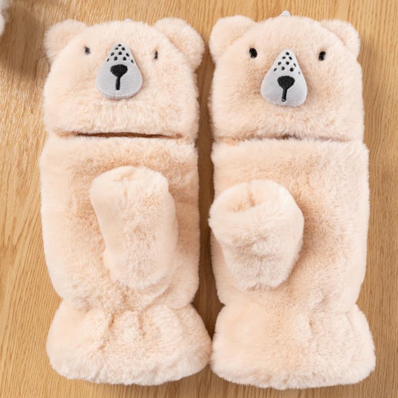 Cartoon Raccoons Shaped Convertible Gloves Winter Half Finger Mittens Stretchy Half Finger Gloves with Top Cover for Men