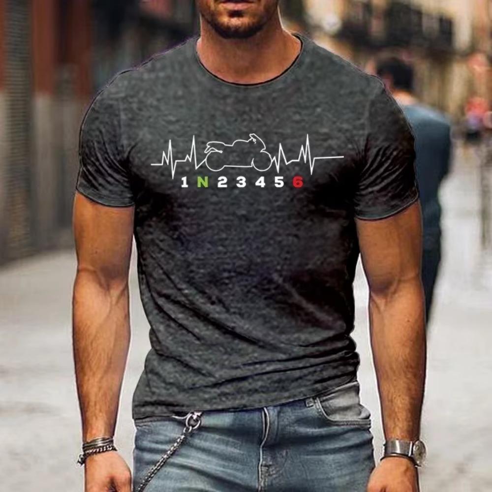Casual Men's T-Shirt Heartbeat Motorcycle Gear Shift One Up Five Down Biker Print T-Shirt Tops Men's Clothing Oversized T-Shirt