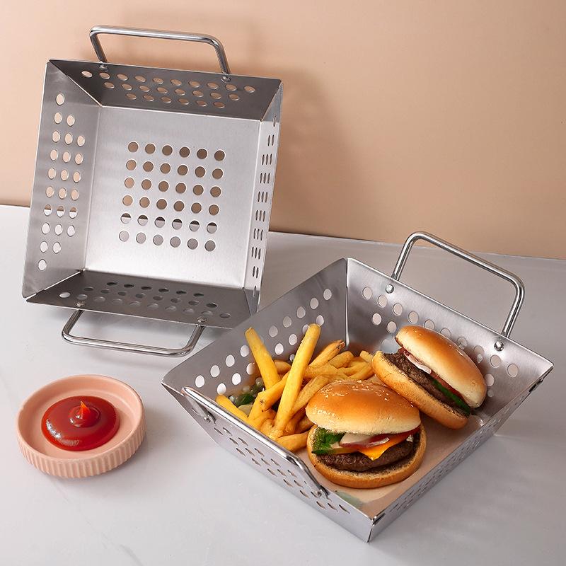 Stainless Steel Tray Barbecue Plate Fruit Vegetable Draining Basket Square Perforated Mini BBQ Set Household Kitchen Tools