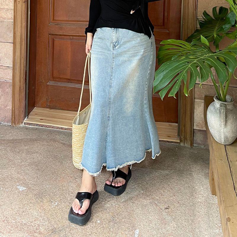 

Brother Nan Loose-Fit High Waist Denim Mermaid Dress Female Plus Size Loose Slim Looking Plus Size Ladies Stylish Burr A- line Skirt Blue 2XL