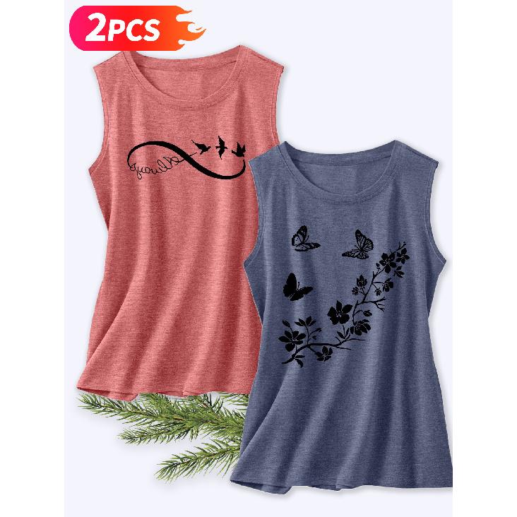 Follow a Specific Direction Two-piece Women's Tank Top with Butterfly and Floral Print Elegant Summer Party Outfits Sleeveless Vest Essential Fashion