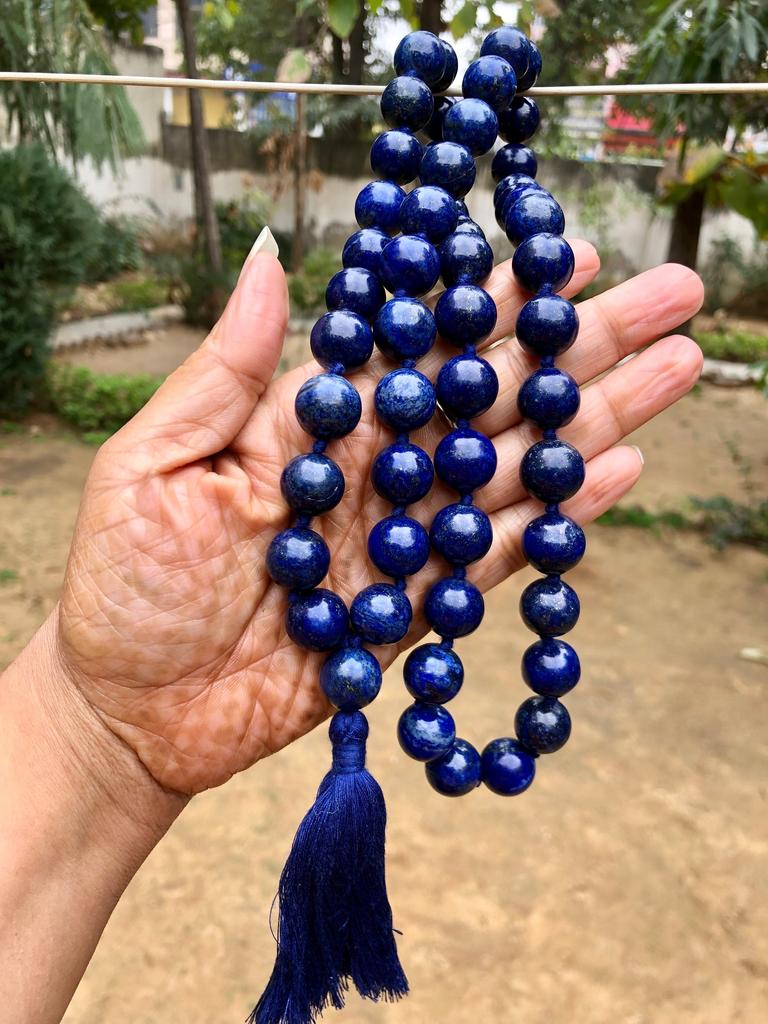 14 mm round 36"+ Indian Origin Lapis Lazuli 54+1 Guru Bead Japa Mala, Jaap Rosary, Yoga Prayer Healing Meditation September Birthstone