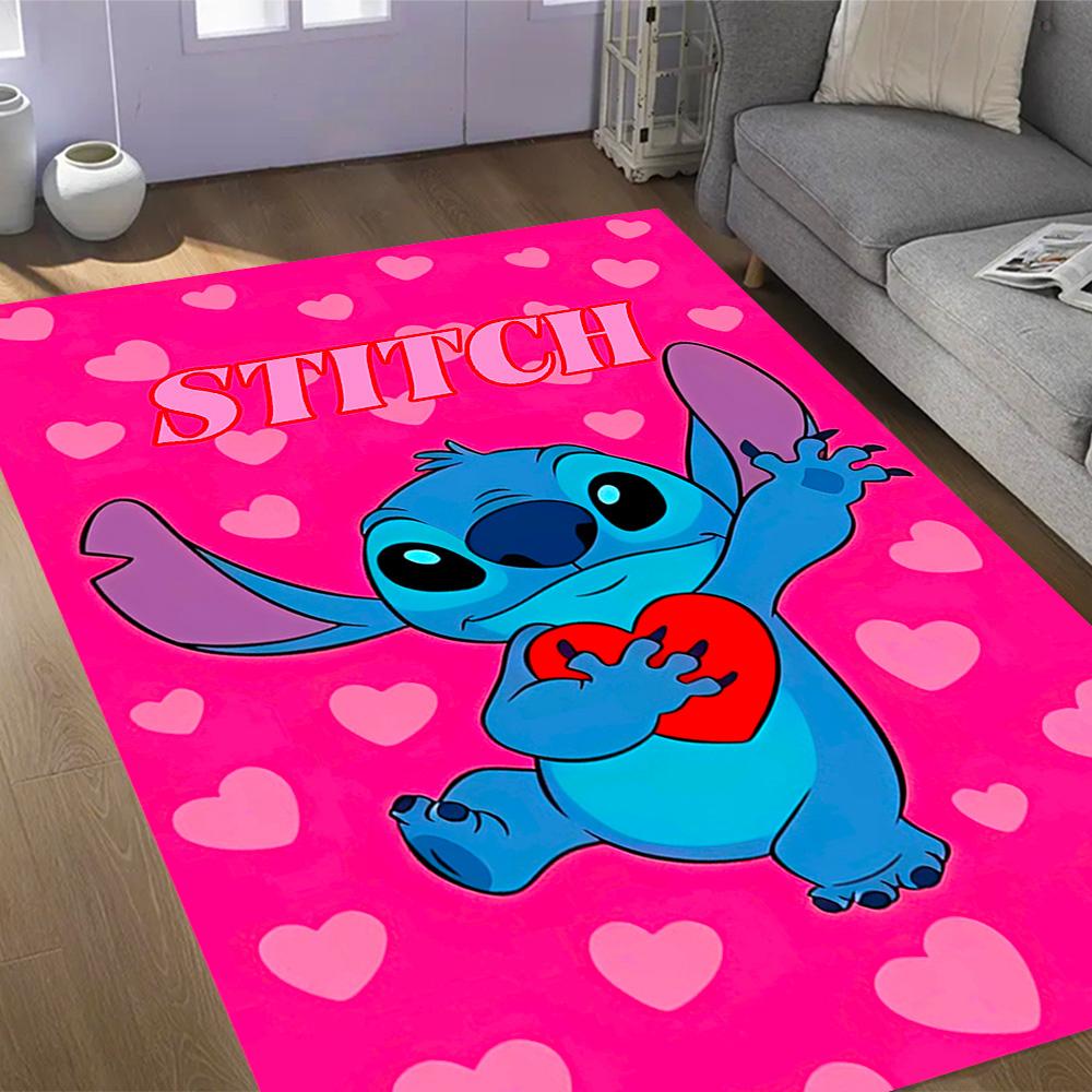 Pink Stitch Heart Background Disney Cartoon Theme Anti-Slip Rug - Polyester, Home Decor, Suitable for Bedrooms, Living Rooms, Doorways, and Studios