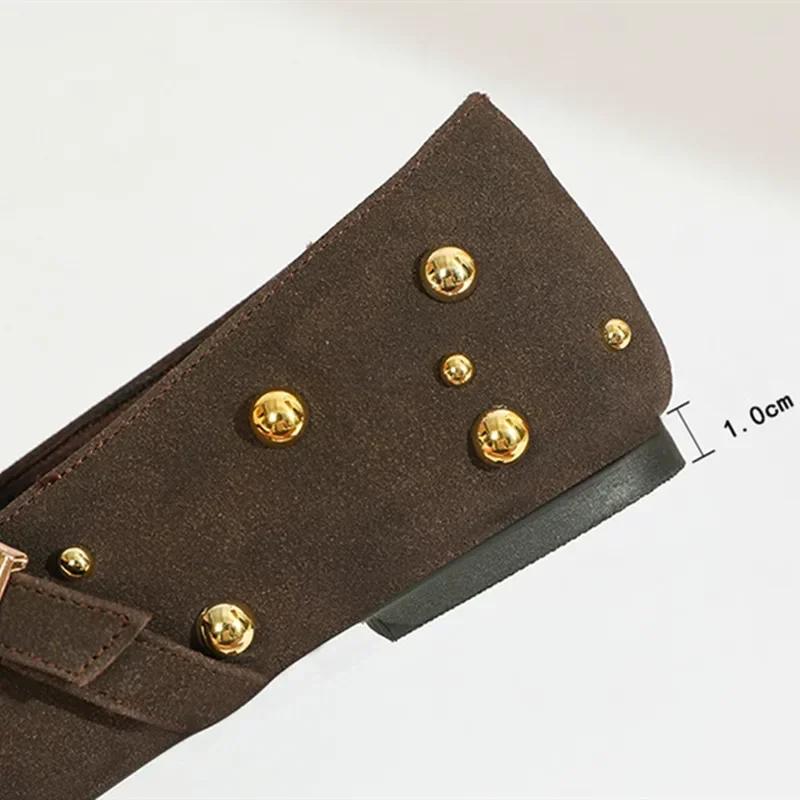 Fashion Cool Gold Rivets Design Ballet Flats Women Faux Suede Belt Metal Buckle Low Heel Women Shoes Non-slip Soft Sole Mary Jane Shoes