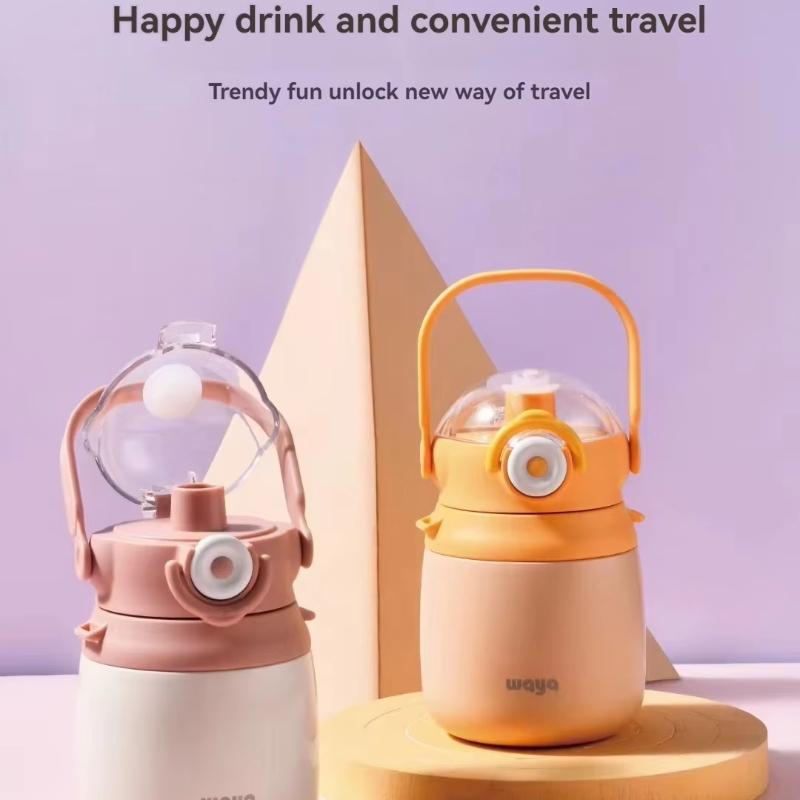 Travel Pot Water Bottle Cup with Straw Large Vaccum Flasks Stainless Steel Cup with Strap LeakProof Portable Thermos for School