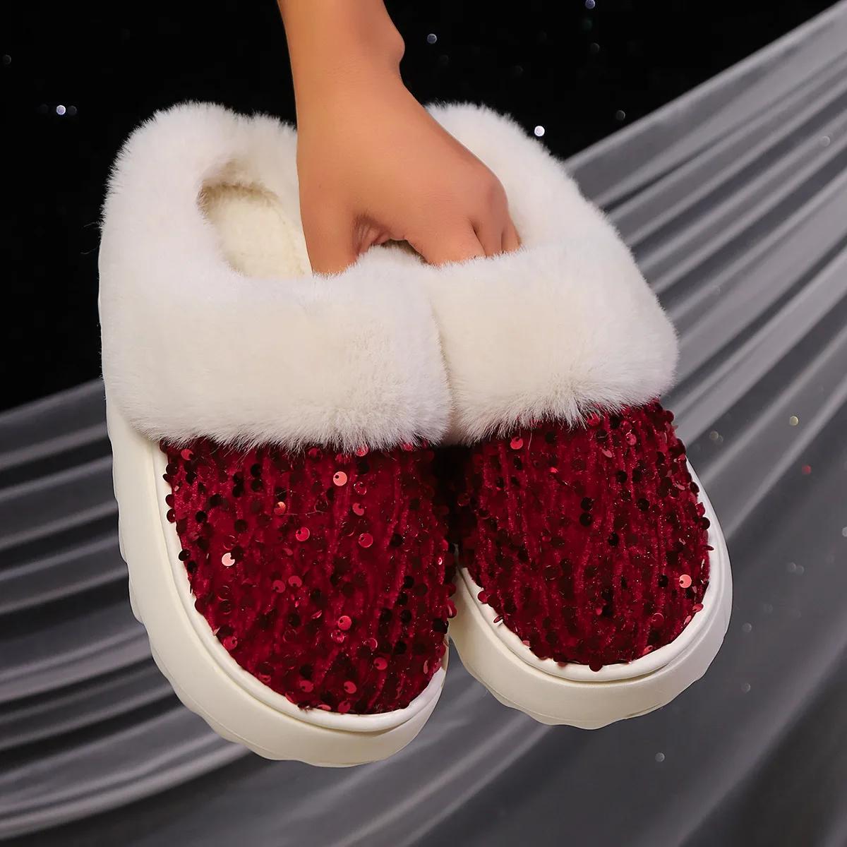 

Cotton Slippers Women Winter 2024 Winter New Women s Glitter Home Plush Slippers Womens Shoes 36-37 fit 35-36 червоний