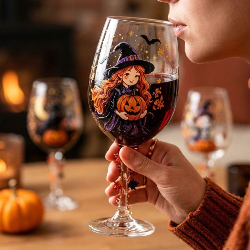 Clear Glass Halloween Painted Wine Glass Large Capacity Floral Maple Water Glass Candlelit Party
