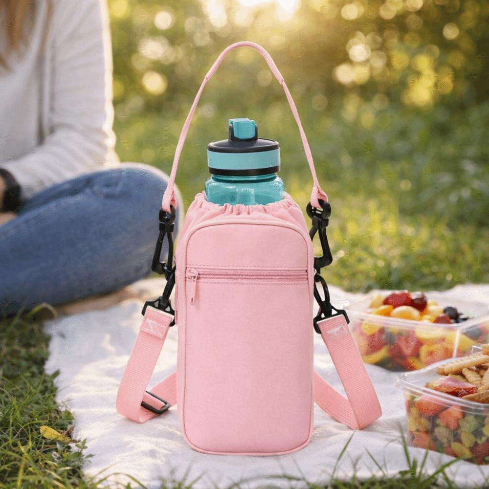 Adjustable Shoulder Strap Crossbody Water Bottle Bag Drawstring Design Insulation Cup Sleeve Hands-Free Mobile Phone Pocket