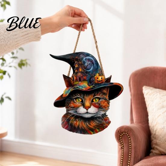 Solid Wood Halloween Plaque Wooden Hanging Door Sign Cute Painted Cat Welcome Ornament with Witch Hat Haunted House Decoration Pumpkin Rustic